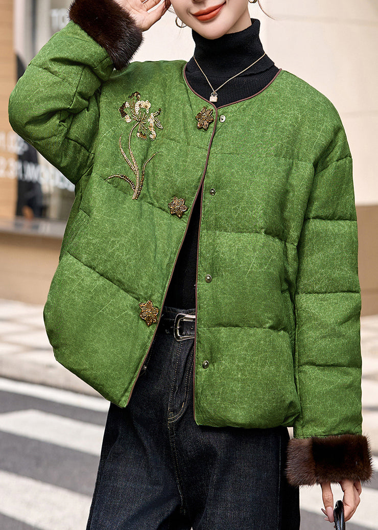 Women Green O-Neck Embroidered Duck Down Jacket In Winter
