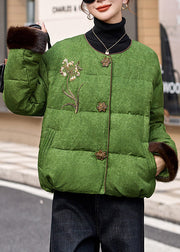 Women Green O-Neck Embroidered Duck Down Jacket In Winter