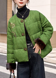 Women Green O-Neck Embroidered Duck Down Jacket In Winter