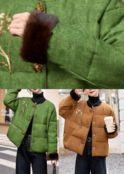 Women Green O-Neck Embroidered Duck Down Jacket In Winter