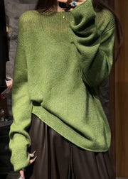 Women Green O Neck Hollow Out Cozy Knit Sweaters Fall