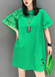 Women Green O Neck Lace Patchwork Cotton T Shirt Summer