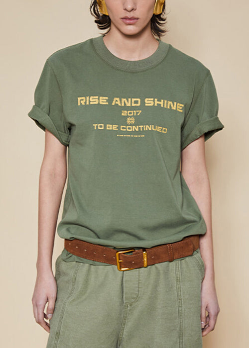 Women Green O Neck Letter Cotton T Shirt Summer