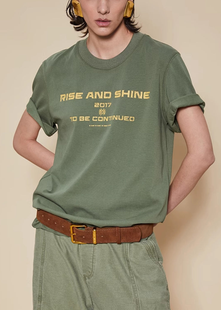 Women Green O Neck Letter Cotton T Shirt Summer