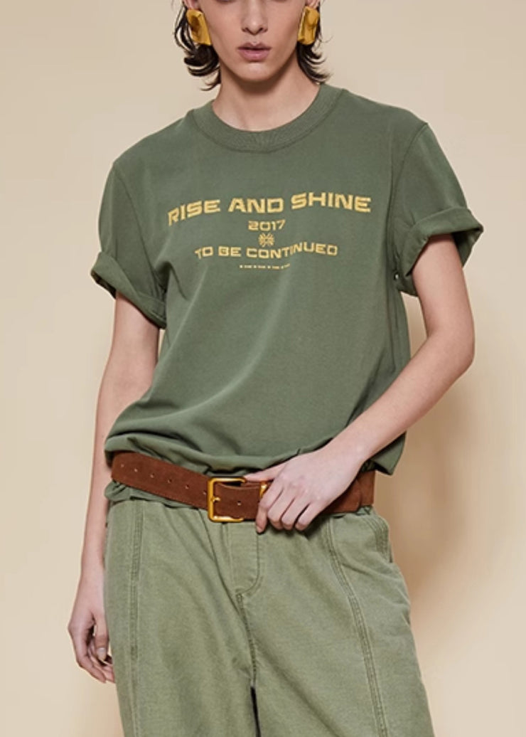Women Green O Neck Letter Cotton T Shirt Summer