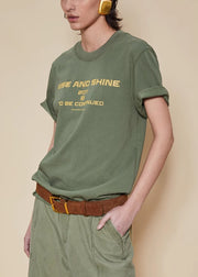 Women Green O Neck Letter Cotton T Shirt Summer