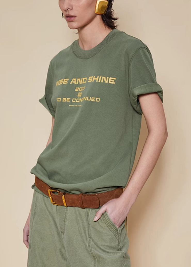 Women Green O Neck Letter Cotton T Shirt Summer