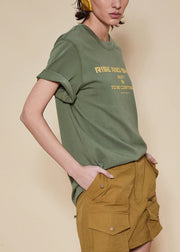 Women Green O Neck Letter Cotton T Shirt Summer