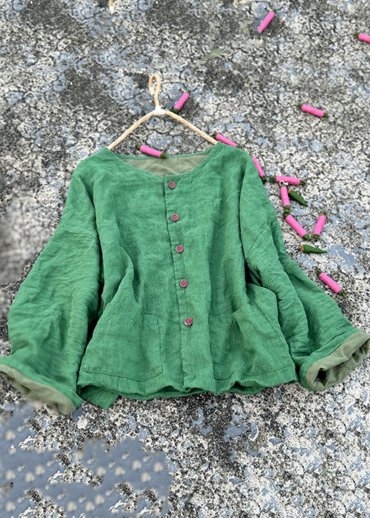 Women Green O Neck Pockets Button Linen Loose Coat Fall