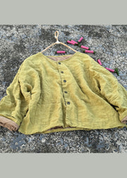 Women Green O Neck Pockets Button Linen Loose Coat Fall