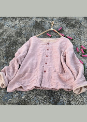 Women Green O Neck Pockets Button Linen Loose Coat Fall