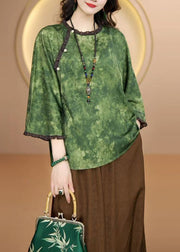 Women Green O Neck Ruffled Patchwork Silk Shirt Bracelet Sleeve