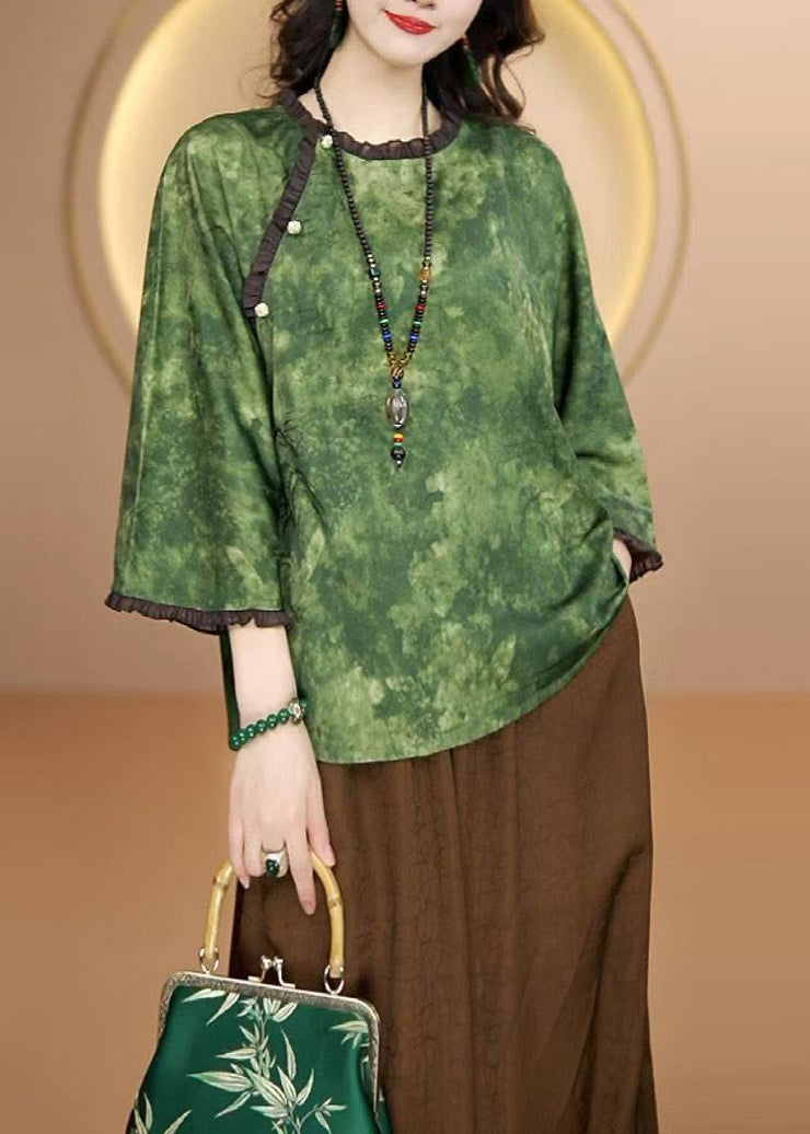Women Green O Neck Ruffled Patchwork Silk Shirt Bracelet Sleeve