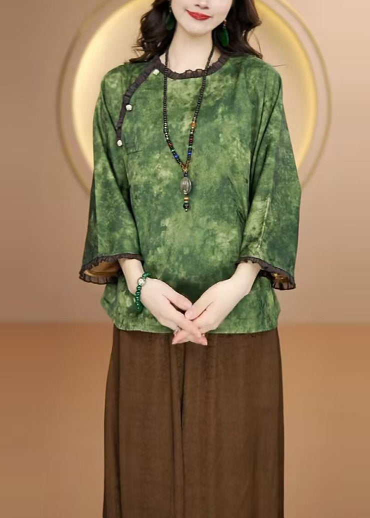 Women Green O Neck Ruffled Patchwork Silk Shirt Bracelet Sleeve