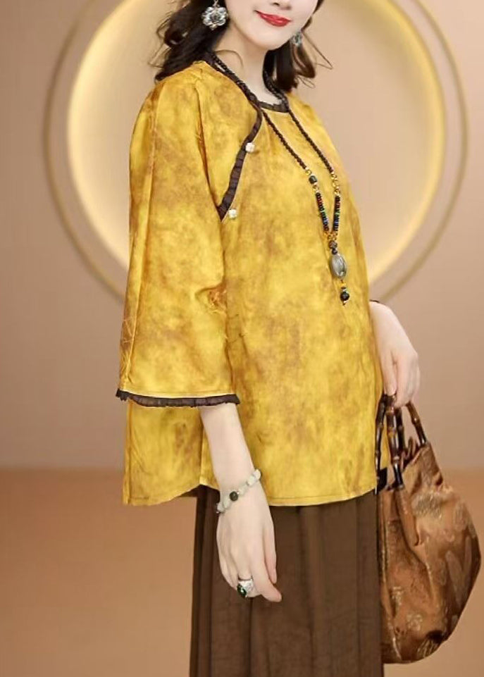 Women Green O Neck Ruffled Patchwork Silk Shirt Bracelet Sleeve