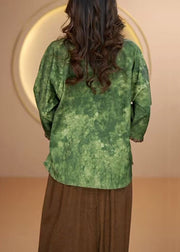 Women Green O Neck Ruffled Patchwork Silk Shirt Bracelet Sleeve