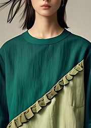 Women Green O-Neck Ruffled Patchwork Top Bracelet Sleeve