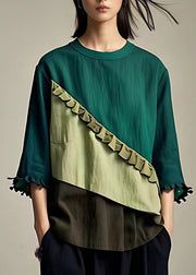 Women Green O-Neck Ruffled Patchwork Top Bracelet Sleeve
