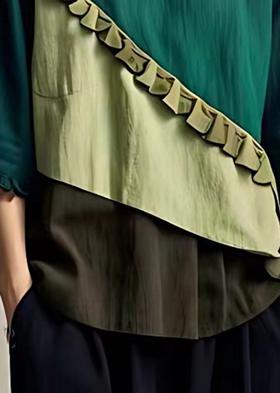 Women Green O-Neck Ruffled Patchwork Top Bracelet Sleeve