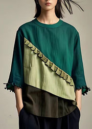 Women Green O-Neck Ruffled Patchwork Top Bracelet Sleeve