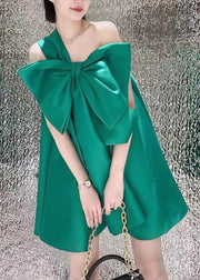 Women Green One Shoulder Bow Satin Party Dress Summer