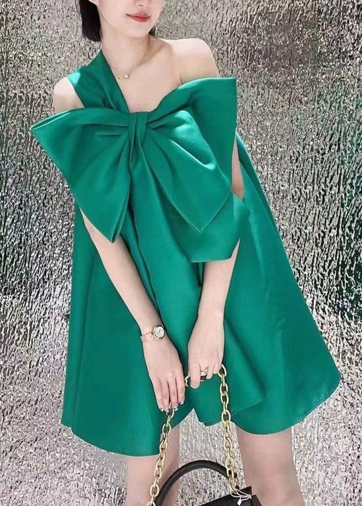 Women Green One Shoulder Bow Satin Party Dress Summer