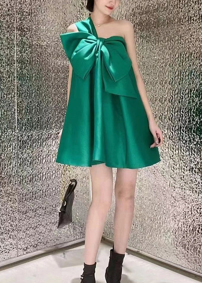 Women Green One Shoulder Bow Satin Party Dress Summer