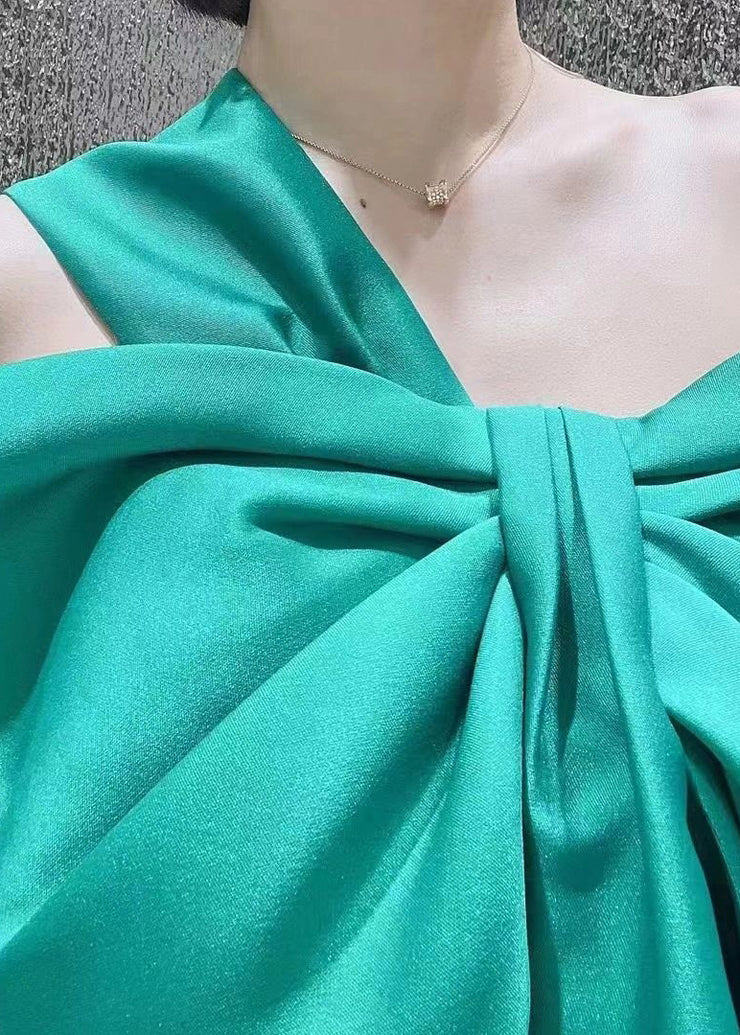 Women Green One Shoulder Bow Satin Party Dress Summer