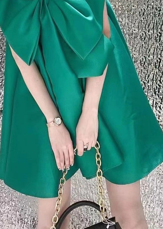 Women Green One Shoulder Bow Satin Party Dress Summer