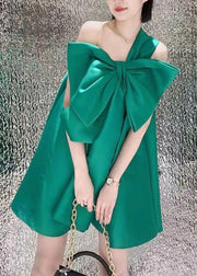 Women Green One Shoulder Bow Satin Party Dress Summer