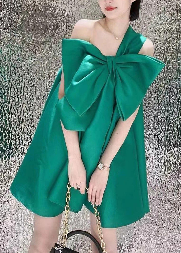 Women Green One Shoulder Bow Satin Party Dress Summer
