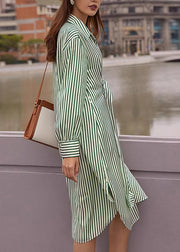 Women Green Peter Pan Collar Striped Cotton Shirts Dresses Fall