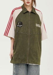 Women Green Peter Pan Collar Striped Patchwork Top Short Sleeve