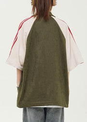 Women Green Peter Pan Collar Striped Patchwork Top Short Sleeve