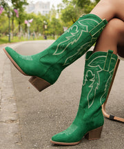 Women Green Pointed Toe Solid Suede Embossed Chunky Boots