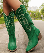 Women Green Pointed Toe Solid Suede Embossed Chunky Boots