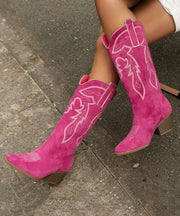 Women Green Pointed Toe Solid Suede Embossed Chunky Boots
