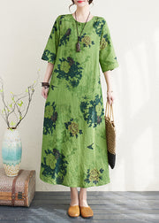 Women Green Print Chinese Button Linen A Line Dress Summer