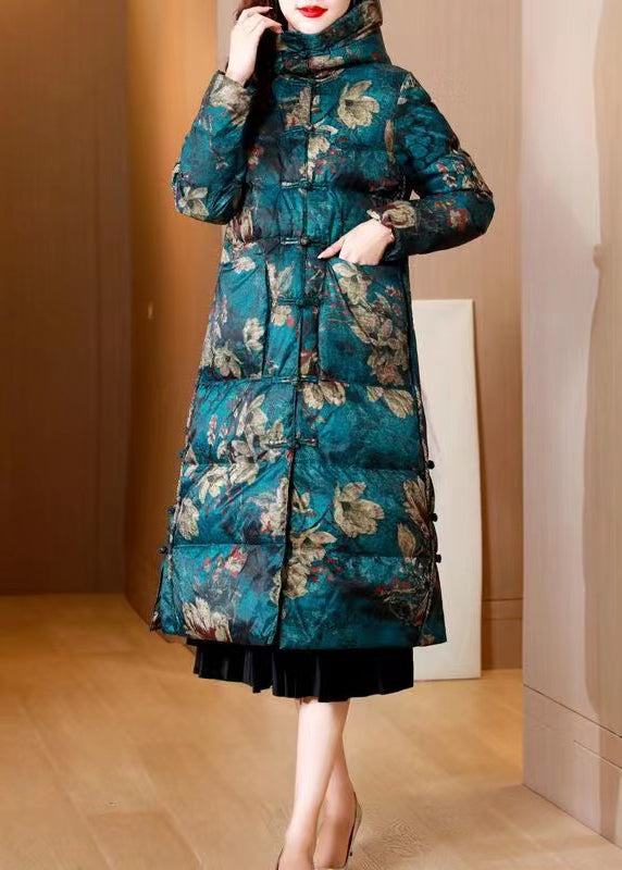 Women Green Print Pockets Chinese Button cotton blend Puffers Coat Winter