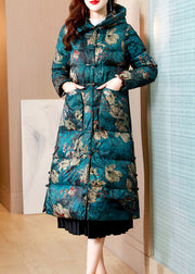 Women Green Print Pockets Chinese Button cotton blend Puffers Coat Winter
