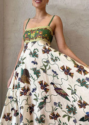 Women Green Print Pockets Patchwork Cotton Spaghetti Strap Dress Sleeveless