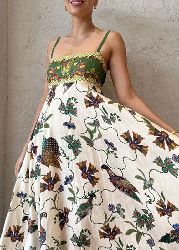 Women Green Print Pockets Patchwork Cotton Spaghetti Strap Dress Sleeveless