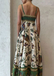 Women Green Print Pockets Patchwork Cotton Spaghetti Strap Dress Sleeveless