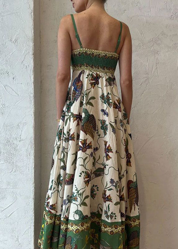 Women Green Print Pockets Patchwork Cotton Spaghetti Strap Dress Sleeveless