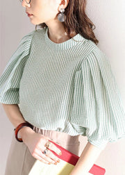 Women Green Puff Sleeve Striped Cotton Blouses