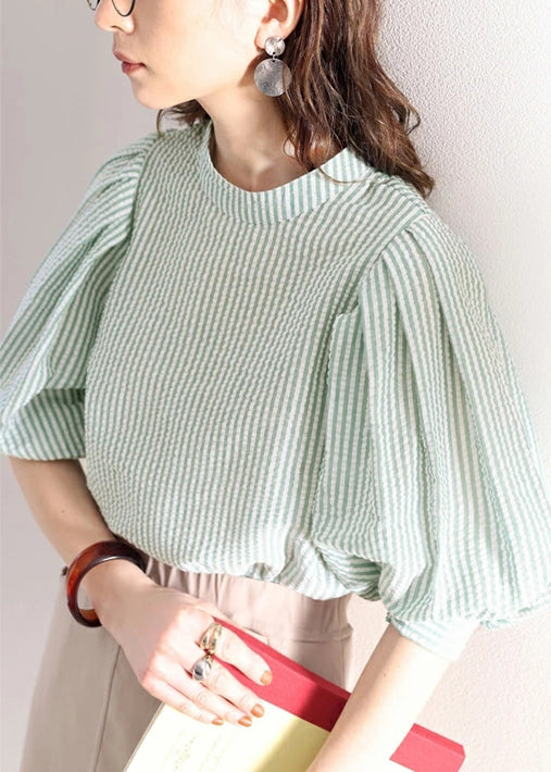 Women Green Puff Sleeve Striped Cotton Blouses
