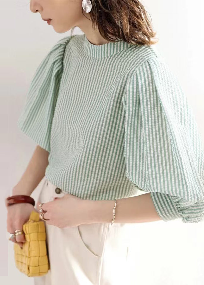 Women Green Puff Sleeve Striped Cotton Blouses