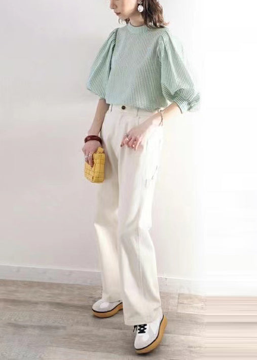 Women Green Puff Sleeve Striped Cotton Blouses