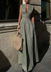 Women Green Round Collar Sleeveless Pleated Slim Maxi Dress