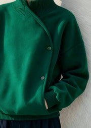 Women Green Stand Collar Button Pockets Cotton Sweatshirt Winter